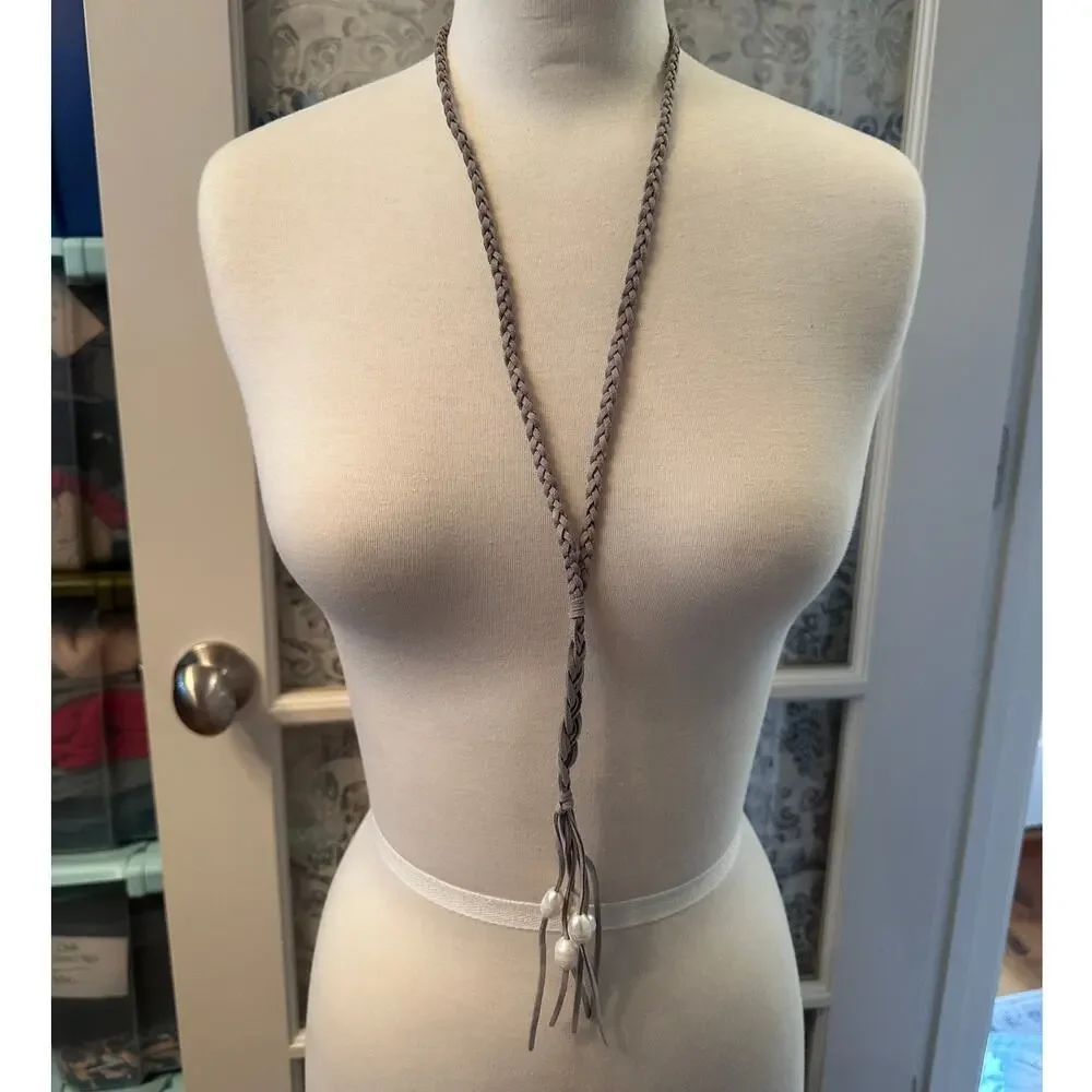 NEW Grey Braided Leather and Pearl Lariat Necklace
